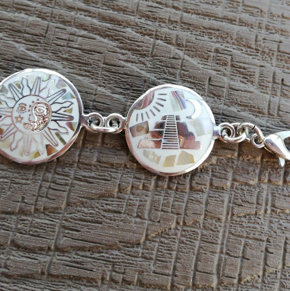🌱 Native Bracelet-Mayan Symbols Abalone Inlay MEXICO Silver-Vintage - Picture 12 of 17